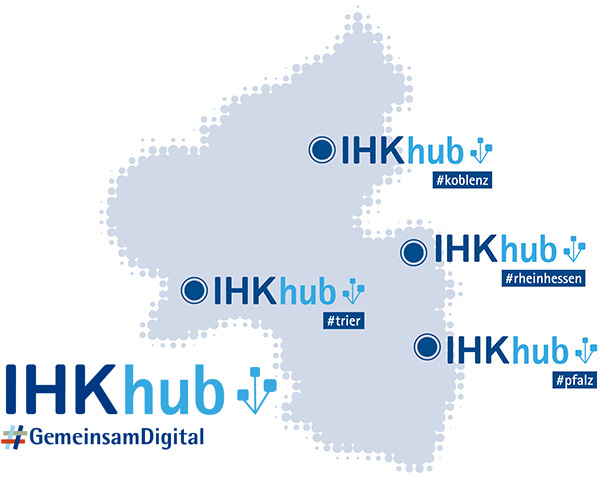 Rheinland-Pfalz-Karte mit IHKhub-Standorten Koblenz, Pfalz, Rheinhessen und Trier