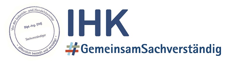 Logo, links ist ein Stempel, rechts daneben steht IHK #GemeinsamSachverständig