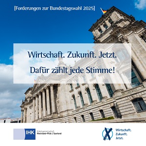 Foto mit Text Wirtschaft. Zukunft. Jetzt. Dafür zählt jede Stimme!