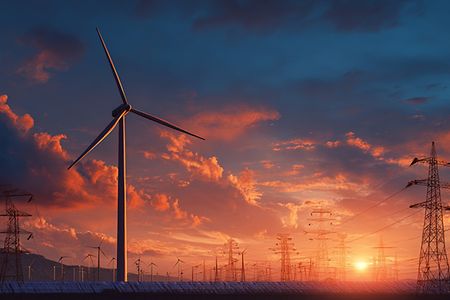Windr&auml;der und Strommasten bei Sonnenuntergang