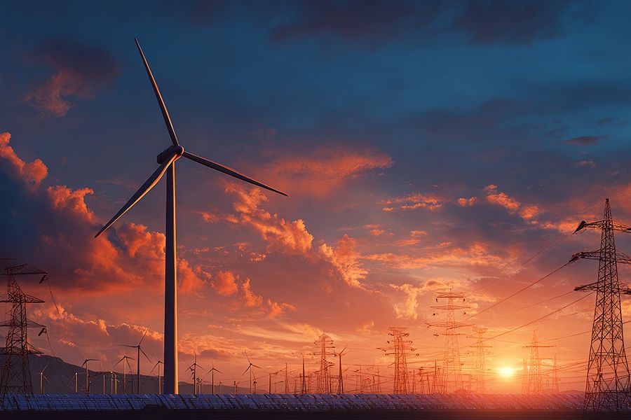 Windräder und Strommasten bei Sonnenuntergang